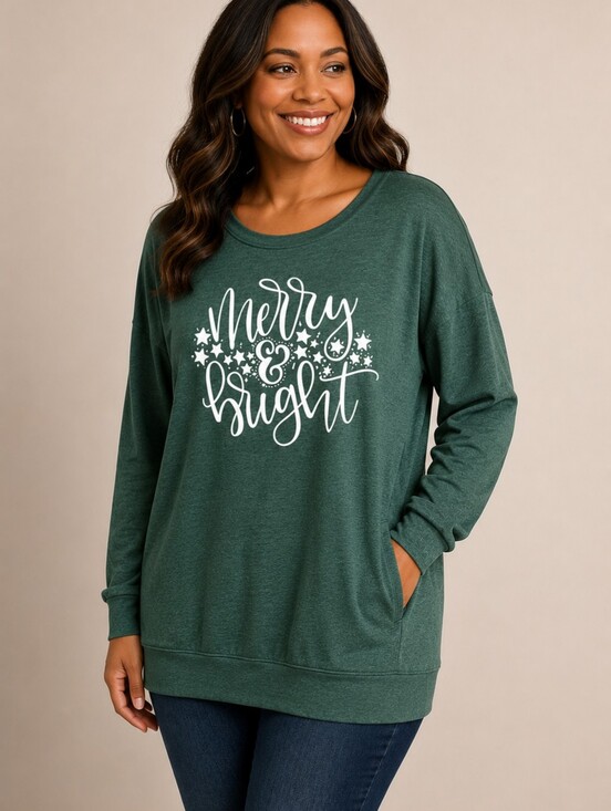 None Tops - Merry & Bright Green Graphic Pullover With Pockets 2X - NWOT
